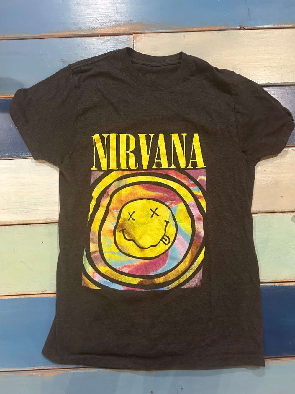 Nirvana Smile Face Tie-Dye Graphic T-Shirt Black Size Medium